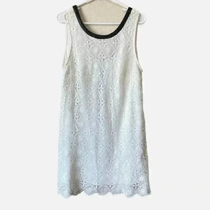 ASTR Silk Crochet White Dress Size, Medium Black Faux Leather Trim Scalloped Hem
